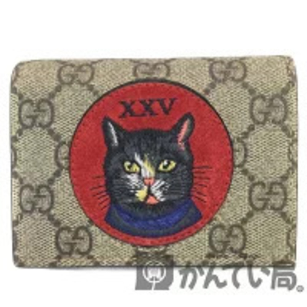GUCCI GG Supreme Mystic Cat Bi fold Wallet Card Leather Red Beige Compact
